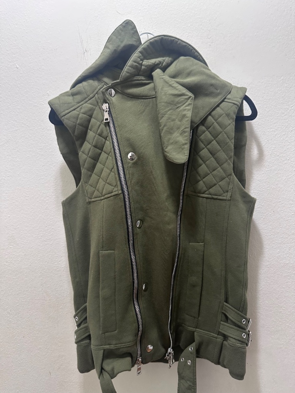 Title: Balmain Paris Napoleon Hooded Quilted Vest Olive M